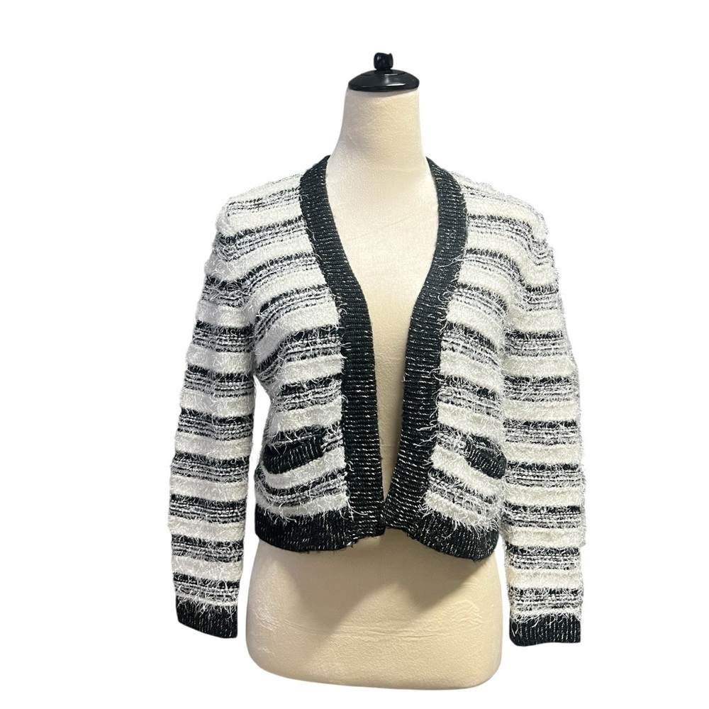 Calvin Klein Black White Striped Open Front Fuzzy Cardigan Sweater Size Medium